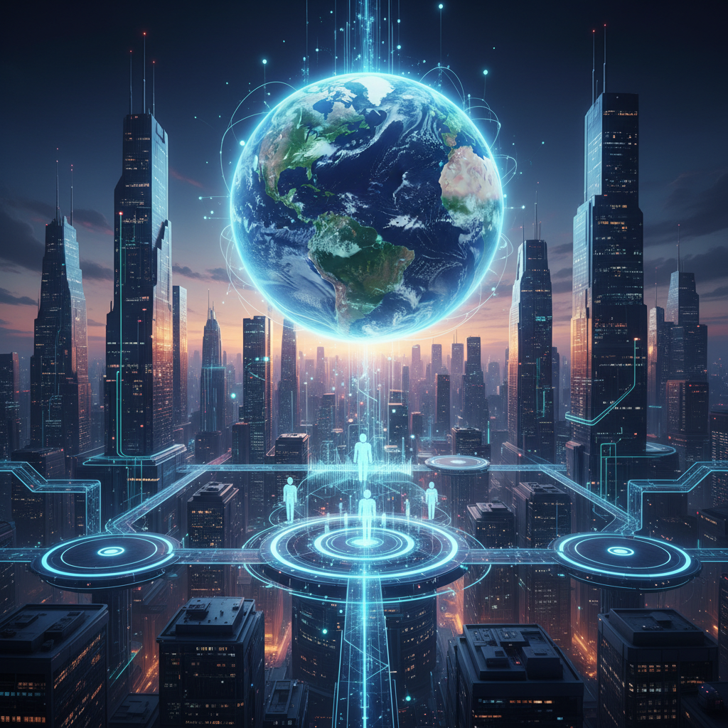 미래 지향적인 도시 위로 떠오른 디지털 지구본