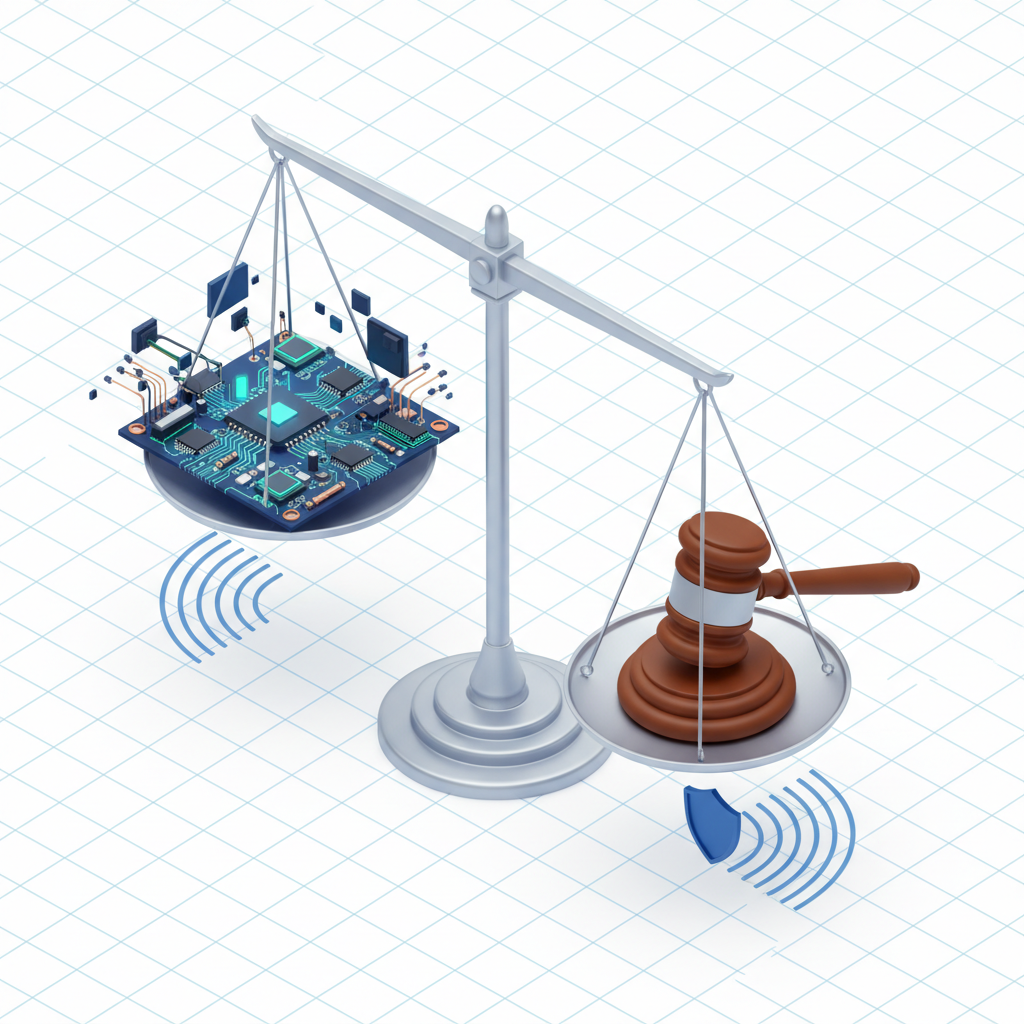 미래 지향적인 법률과 기술의 균형을 상징하는 저울
