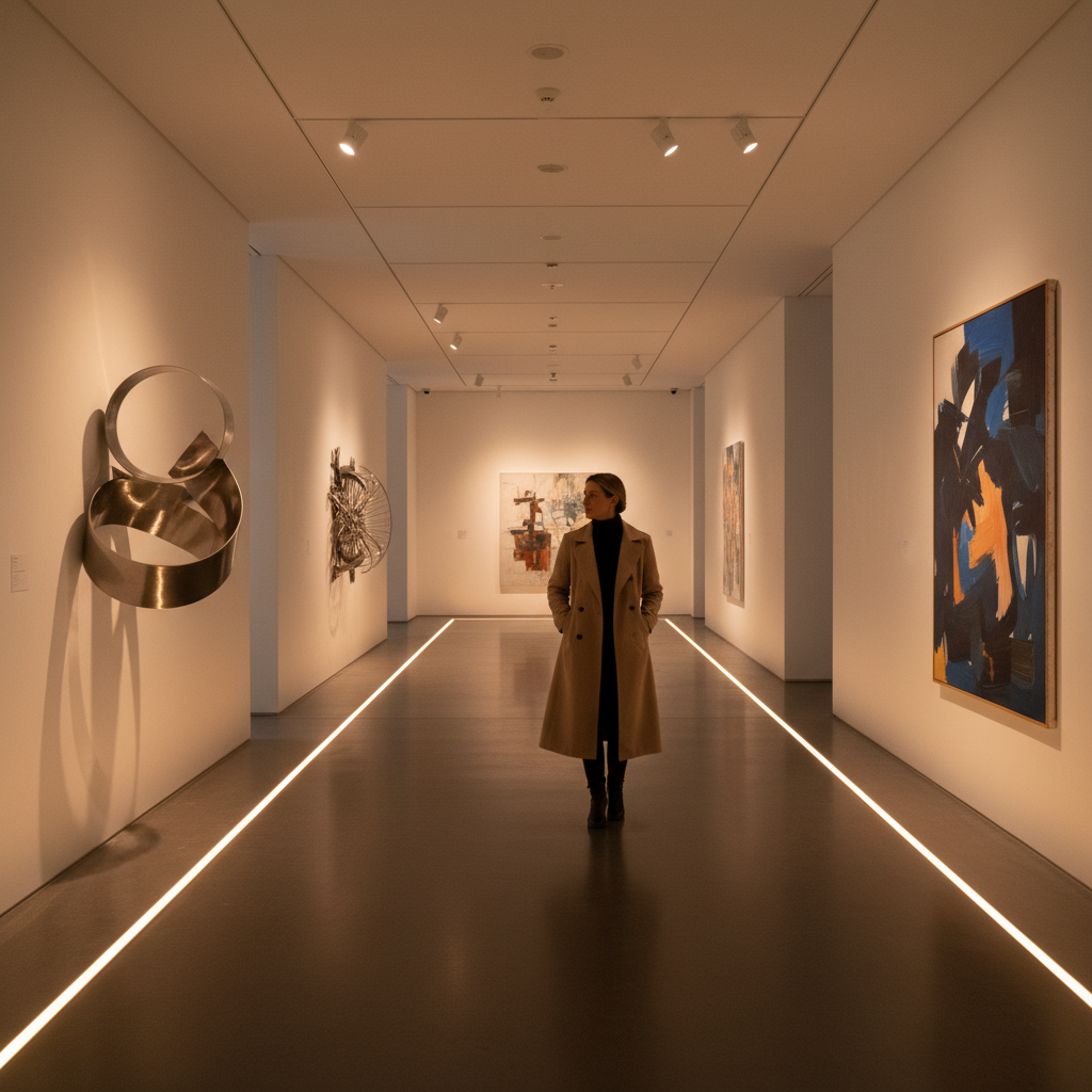 미술관 복도를 걷는 관람객의 실루엣