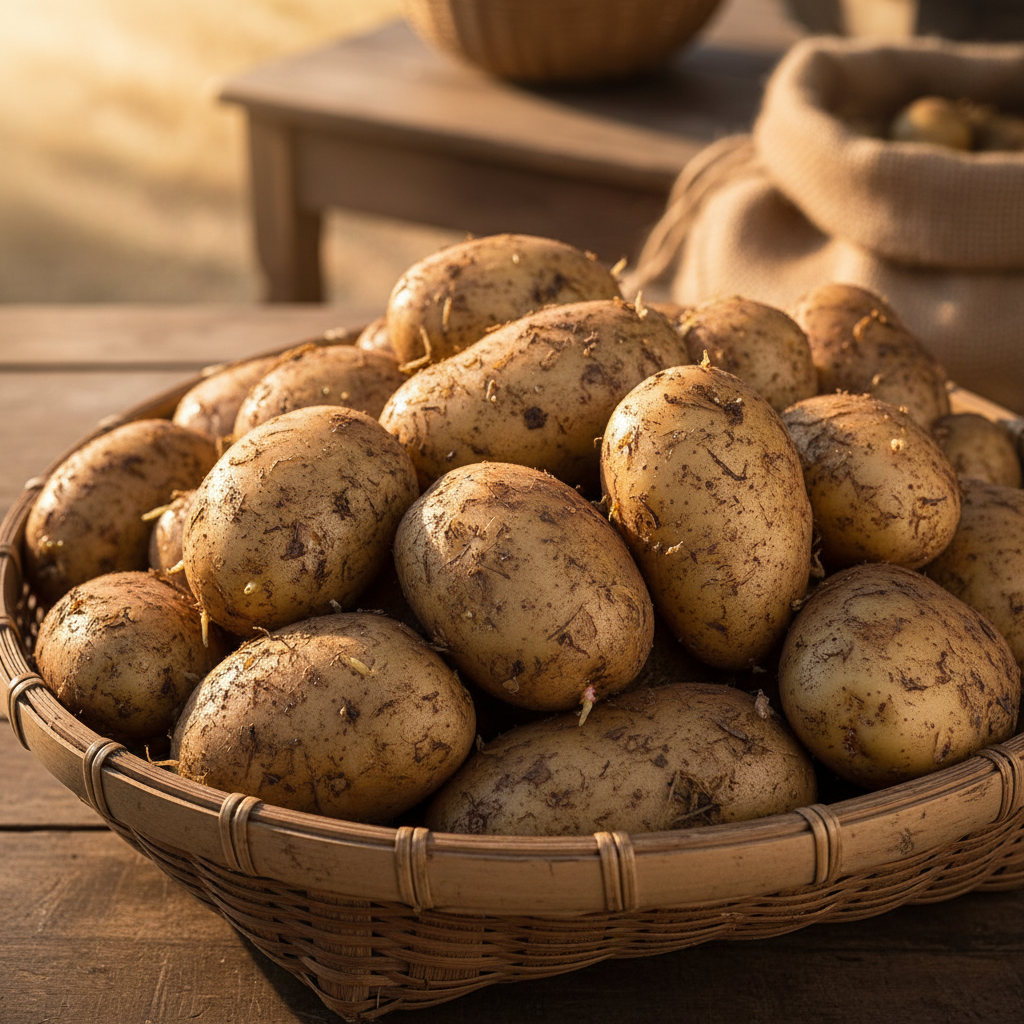 바구니에 담긴 갓 수확한 감자들