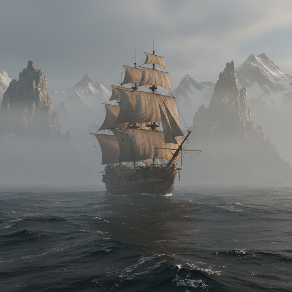 바다 위에 떠 있는 모험선 느낌의 신비로운 풍경