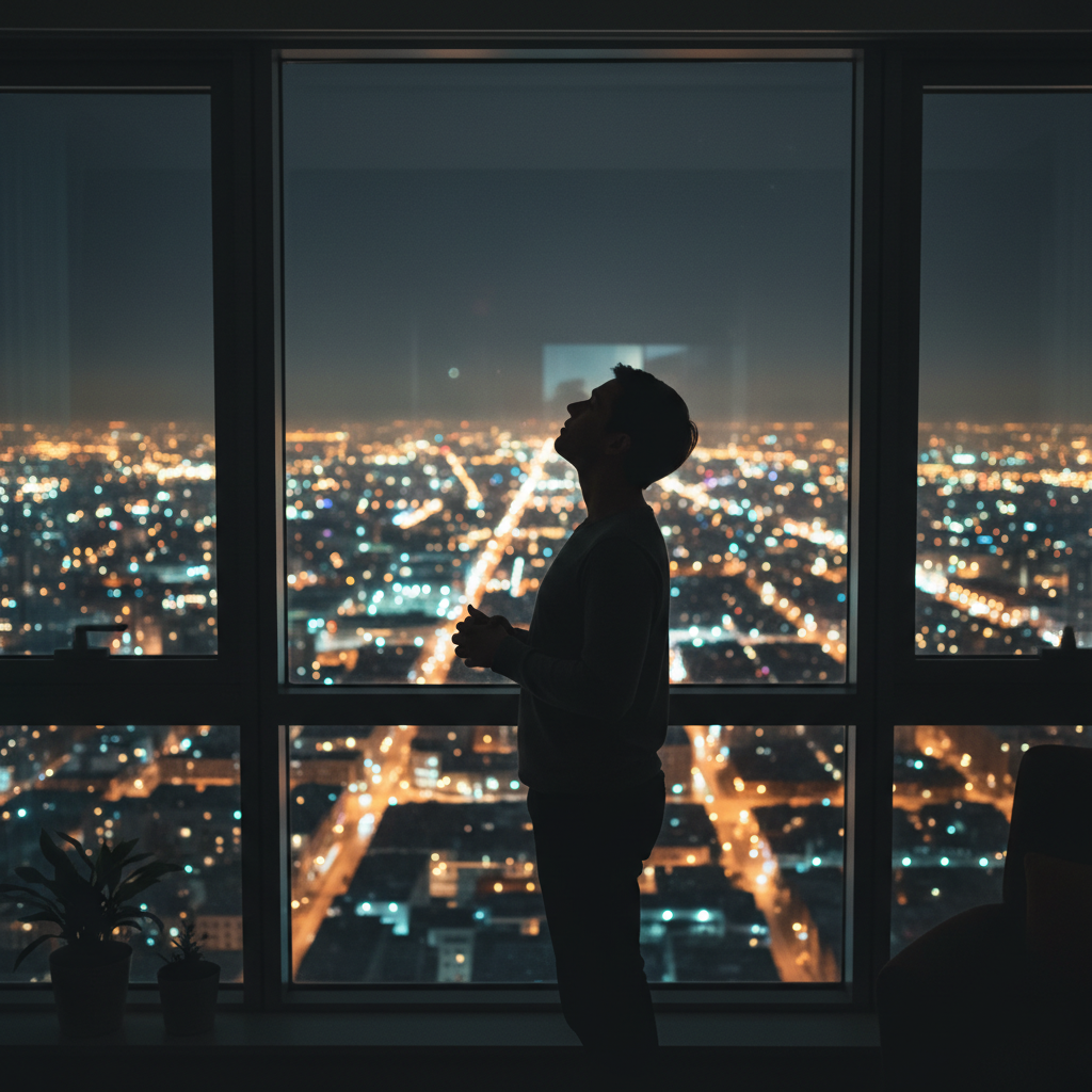 밝게 빛나는 도시의 야경과 희망적인 실루엣