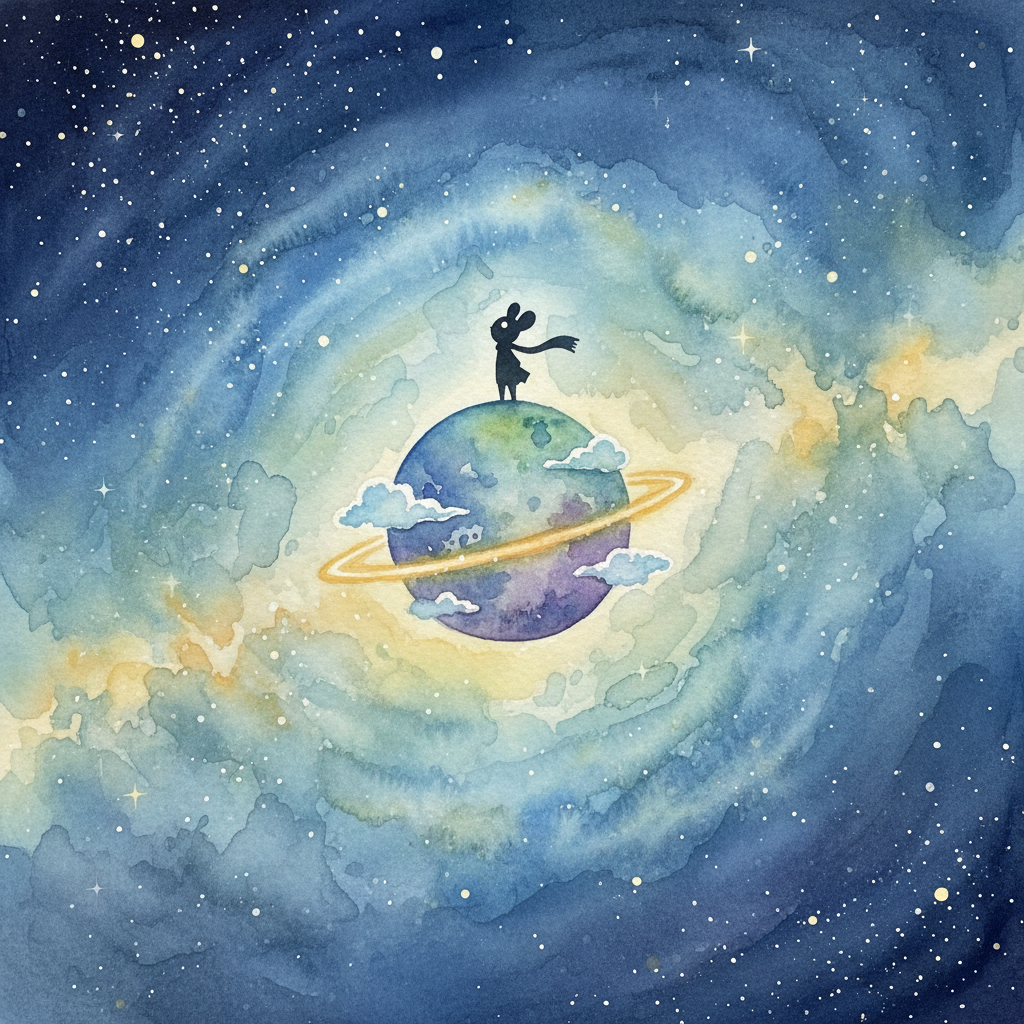 밤하늘 아래 반짝이는 작은 행성과 아바타의 실루엣