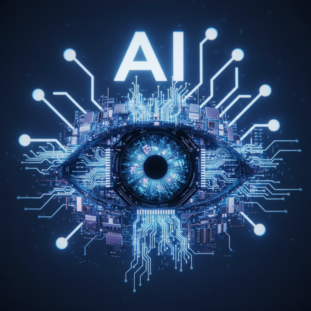 복잡하게 얽힌 디지털 회로와 그 중심에 있는 AI 아이콘