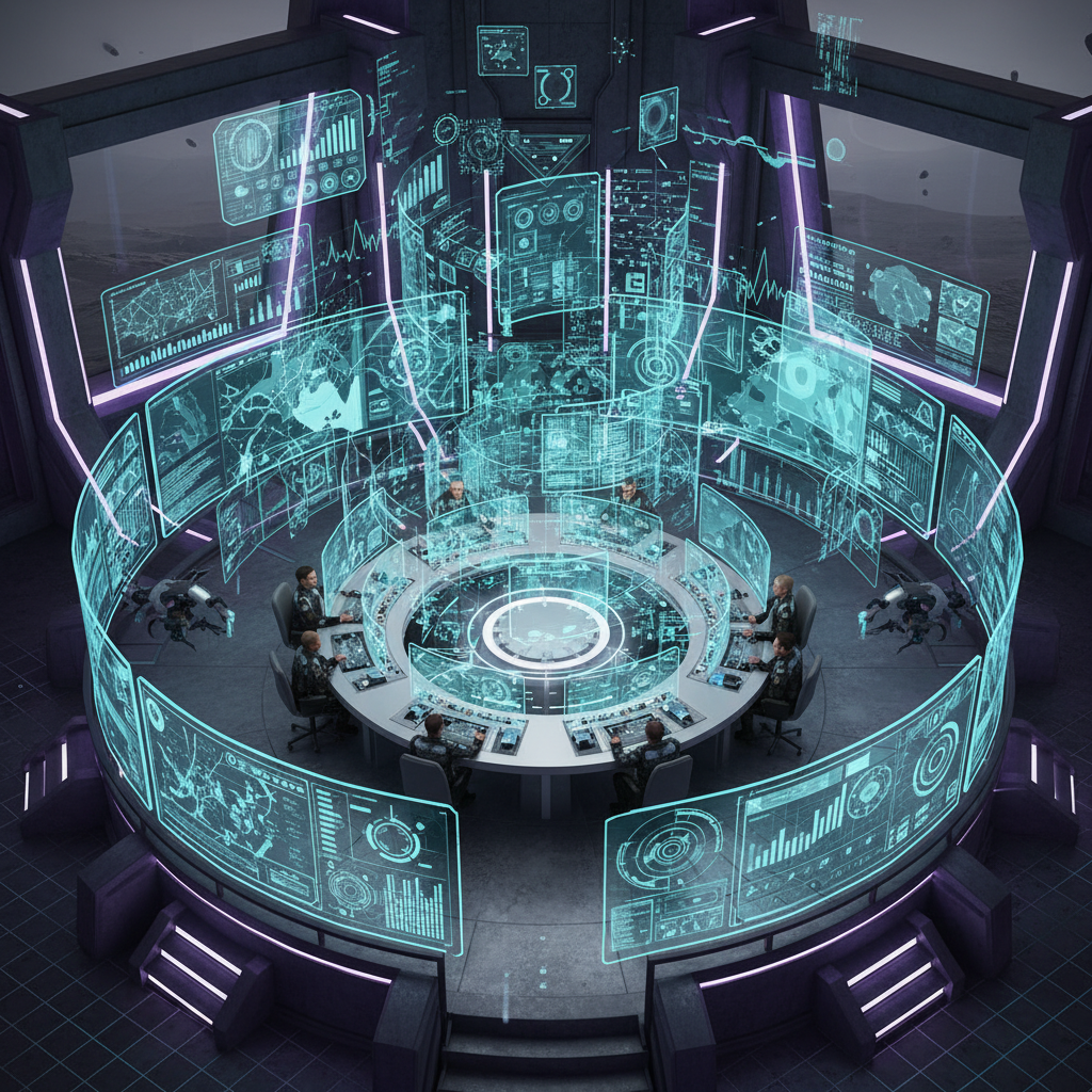 복잡한 데이터가 교차하는 미래지향적 전쟁 상황실 이미지