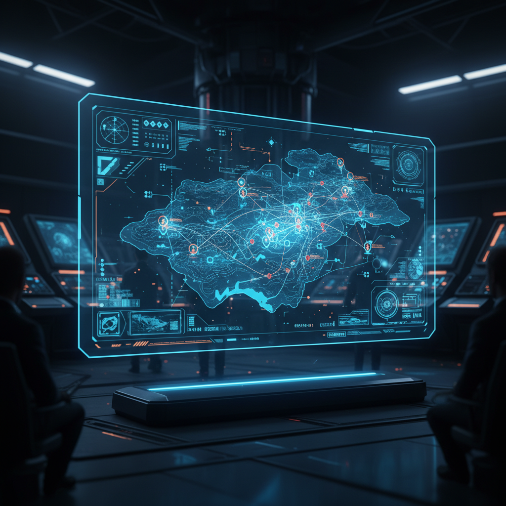 복잡한 데이터와 전술 지도가 표시된 디지털 화면