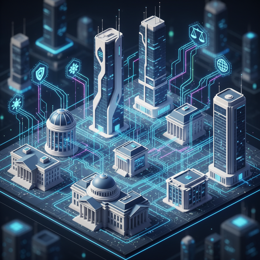 복잡한 디지털 네트워크와 정부 기관을 상징하는 추상적인 그래픽