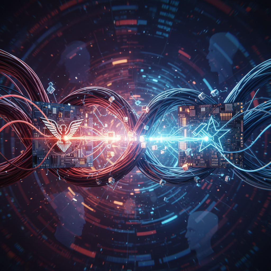 복잡한 디지털 네트워크와 정치적 갈등을 형상화한 이미지