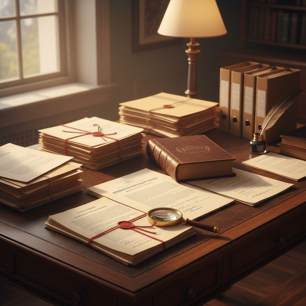 복잡한 서류와 법전이 놓인 책상