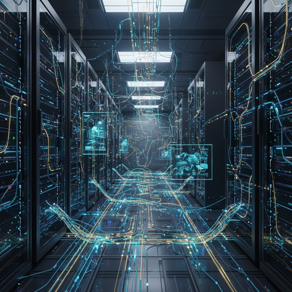복잡한 서버실과 데이터 흐름을 상징하는 추상적인 이미지