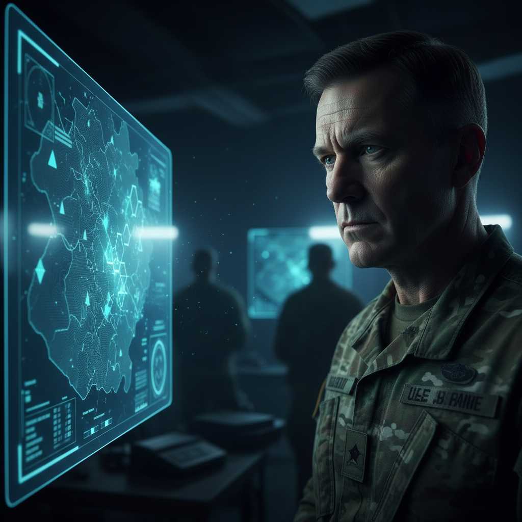 복잡한 지도를 바라보는 군 지휘관의 긴장된 모습