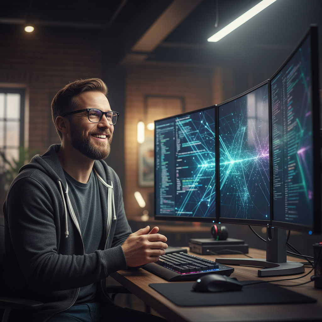 복잡한 코드를 분석하며 미소 짓는 웹 개발자의 모습