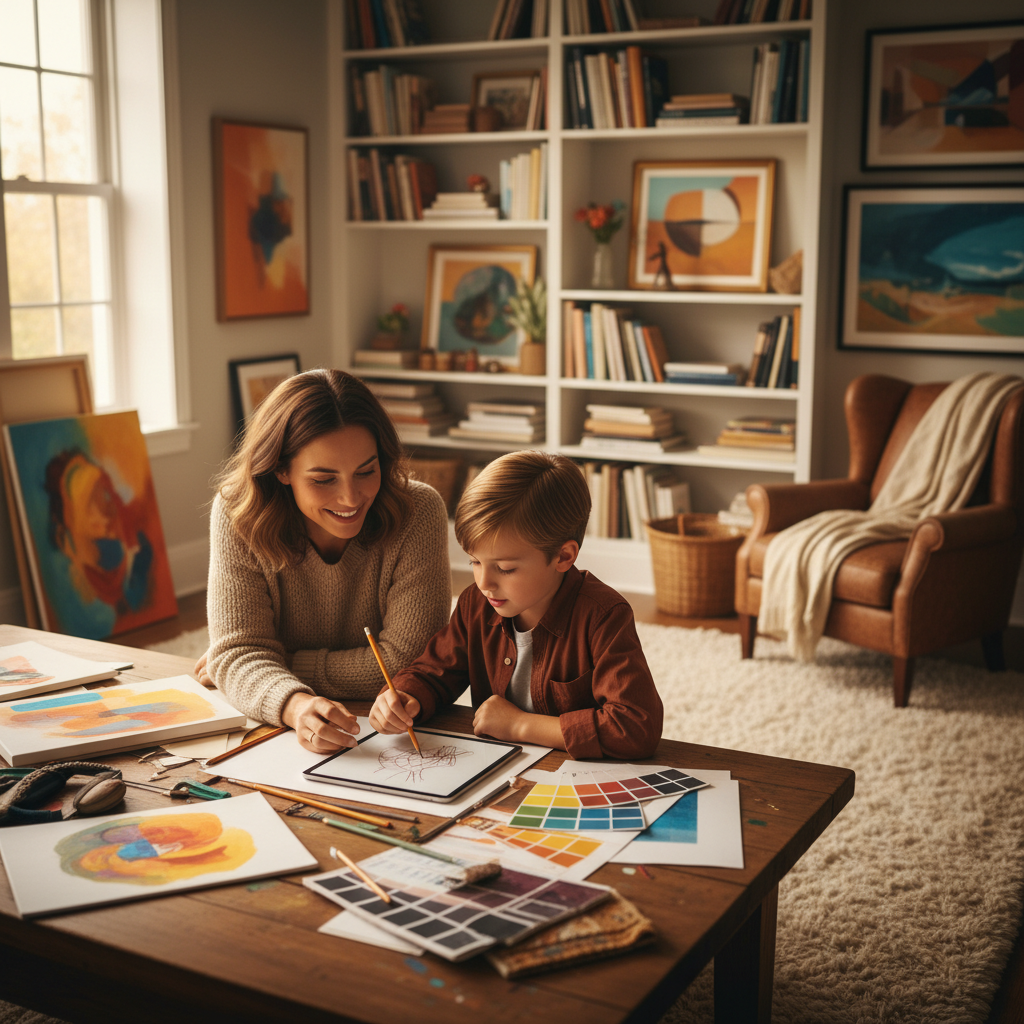 부모와 아이가 함께 대화하며 미술 공부를 하는 모습