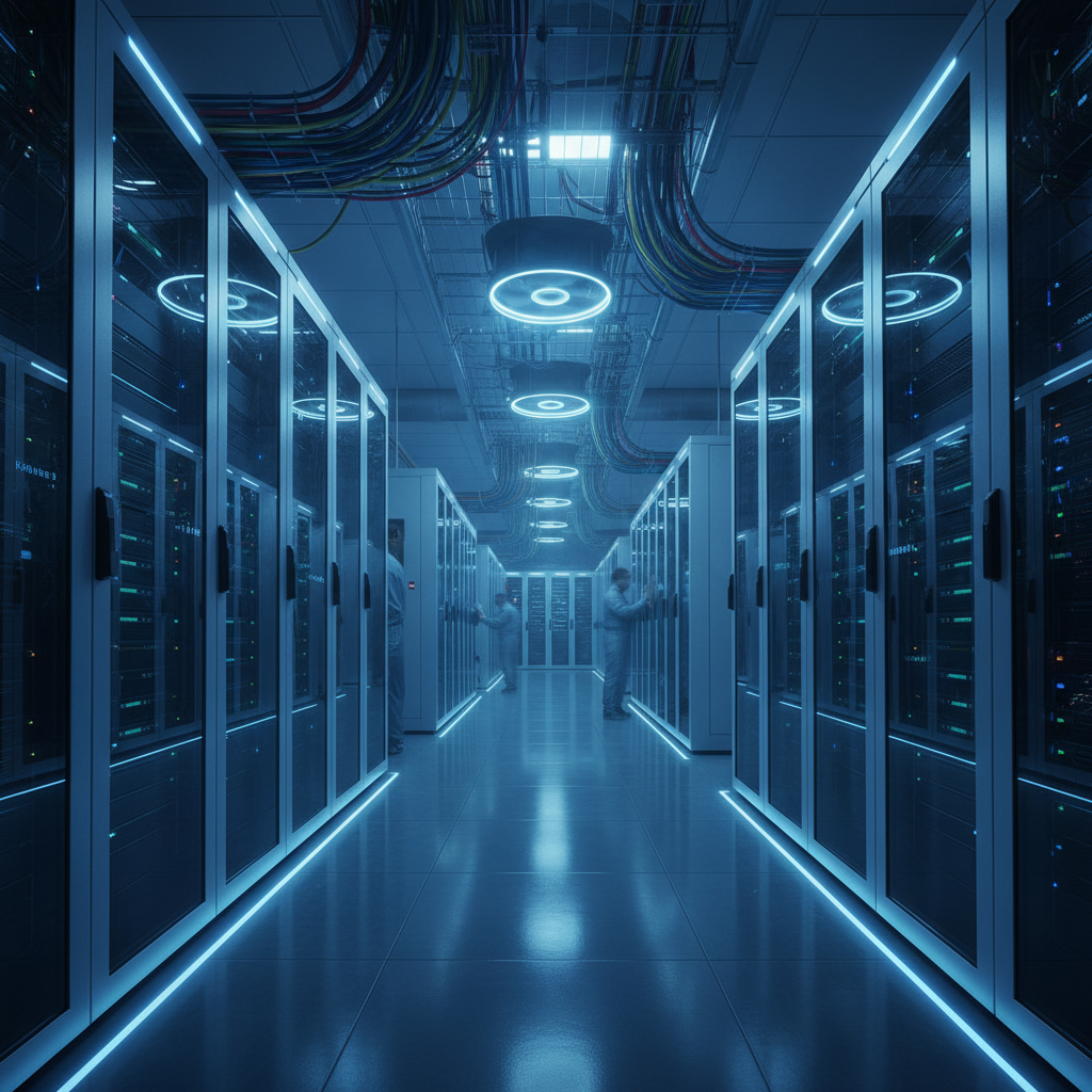 분주하게 움직이는 현대적인 데이터 센터 내부