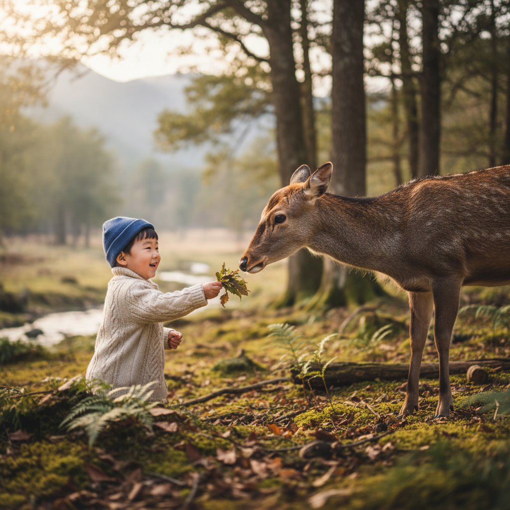 사슴에게 먹이를 주는 아이