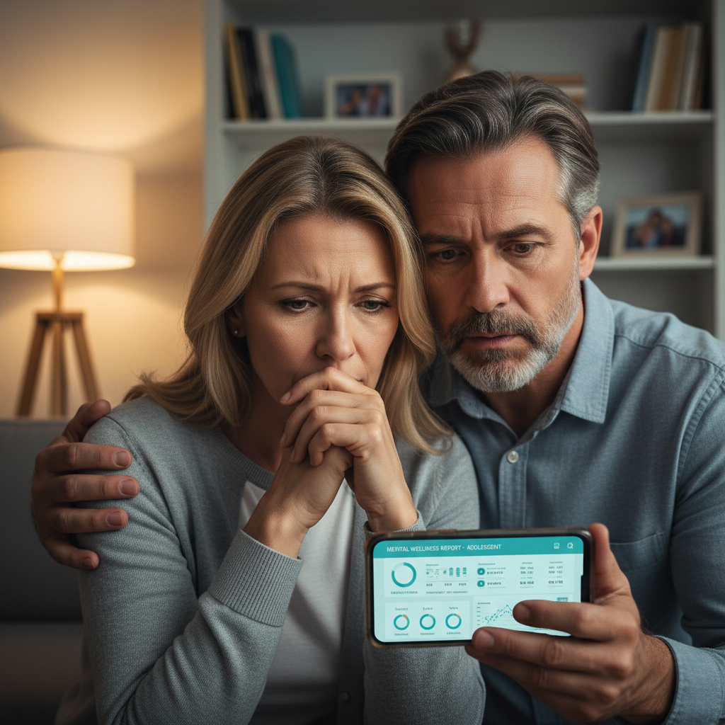 상담을 고민하며 복잡한 표정을 짓는 부모님