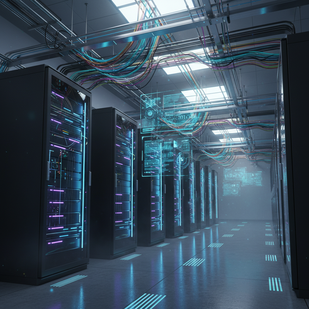 서버실의 복잡한 네트워크 장비