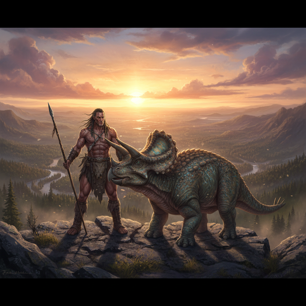 석양을 배경으로 공룡과 함께 서 있는 석기시대 캐릭터