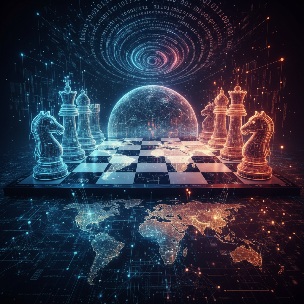 세계적인 AI 경쟁을 상징하는 체스판 위 인공지능 코드