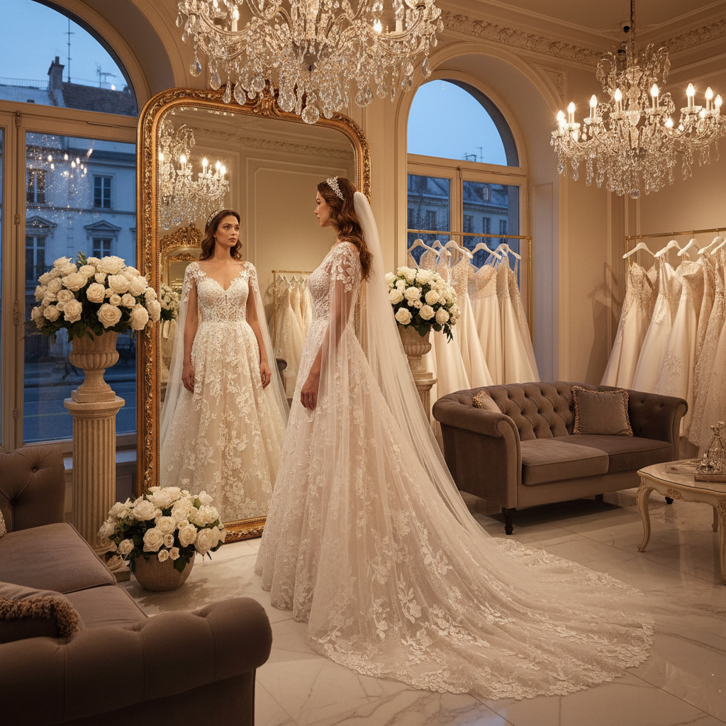 세련된 디자인의 드레스를 입고 거울을 보는 예비 신부