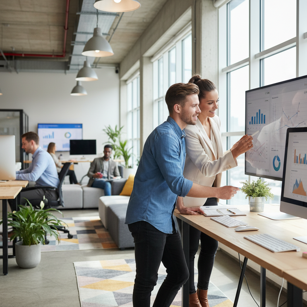 세련된 현대식 사무실에서 일하는 창업가 부부