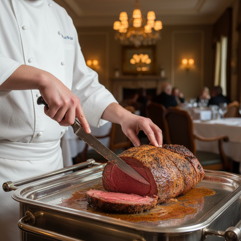 셰프가 실버 카트에서 프라임 립을 직접 슬라이스하는 모습