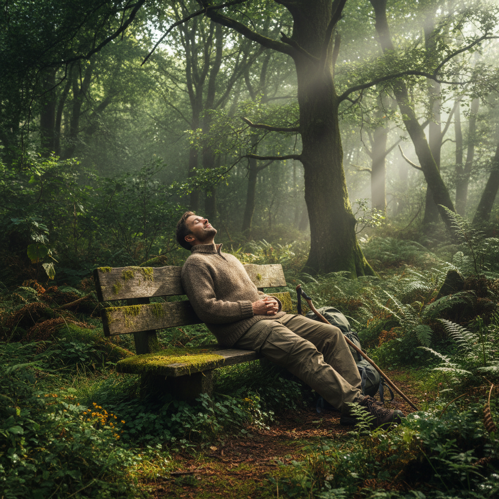 숲속 벤치에 앉아 쉬는 여행객