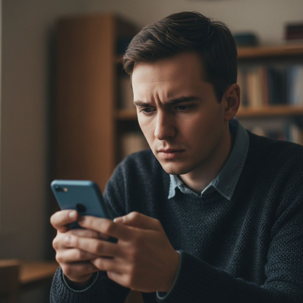 스마트폰 화면을 내려다보는 고민하는 사람