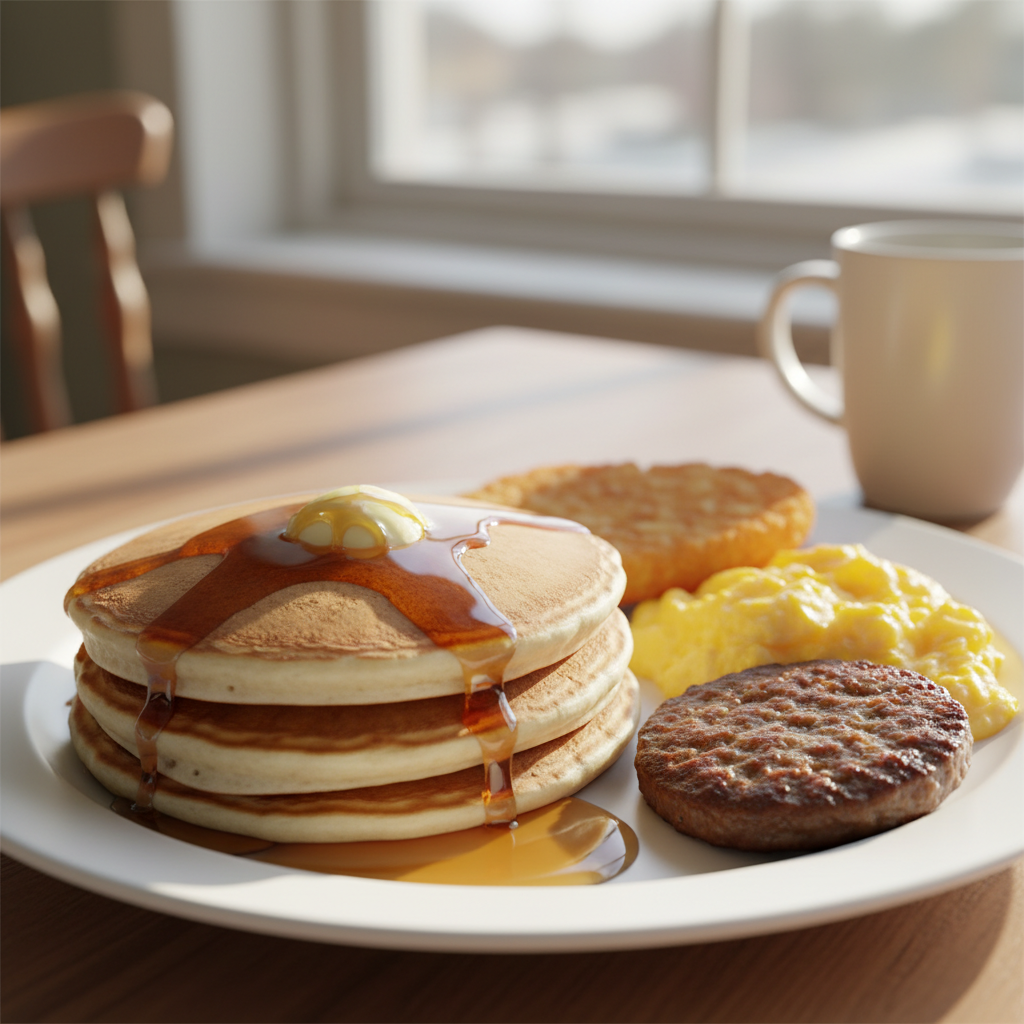 시럽이 뿌려진 핫케이크와 소시지 패티가 담긴 브렉퍼스트 플레이트