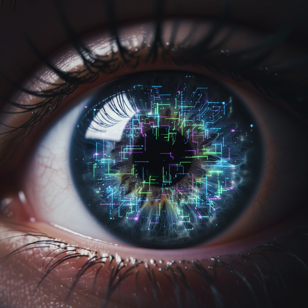 신뢰와 감시를 상징하는 추상적인 렌즈와 데이터