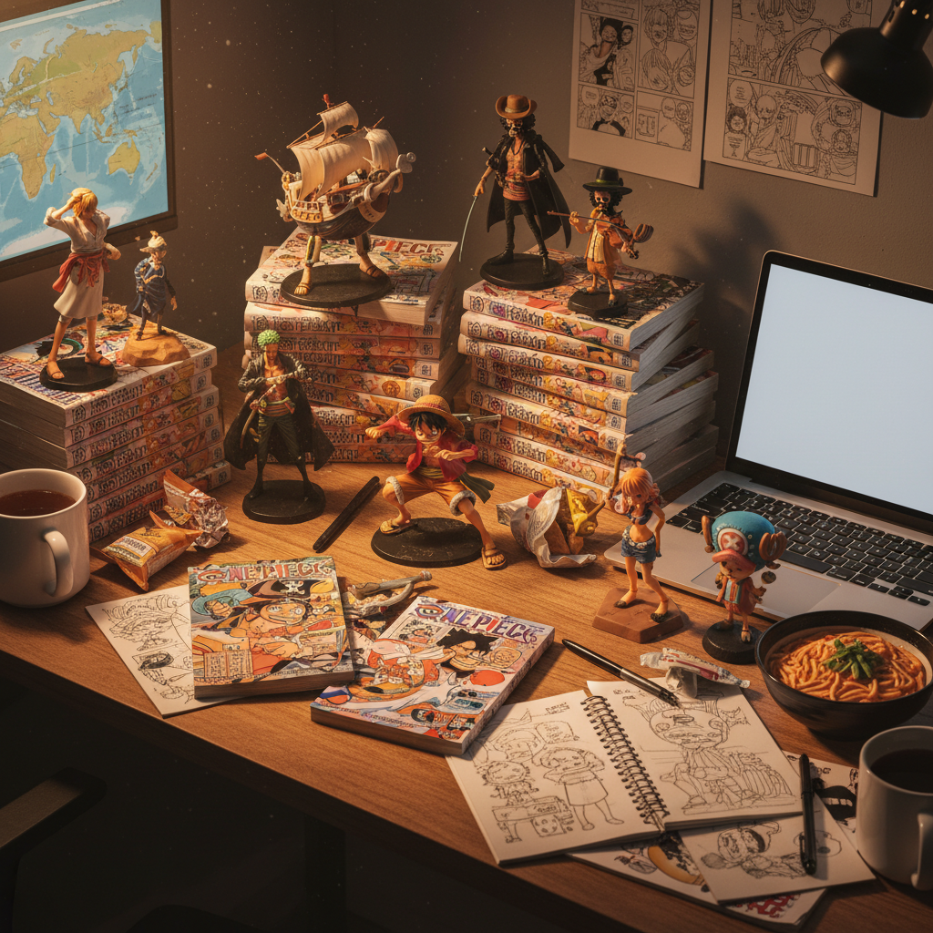 신비로운 분위기의 원피스 만화책과 관련 굿즈가 놓인 책상