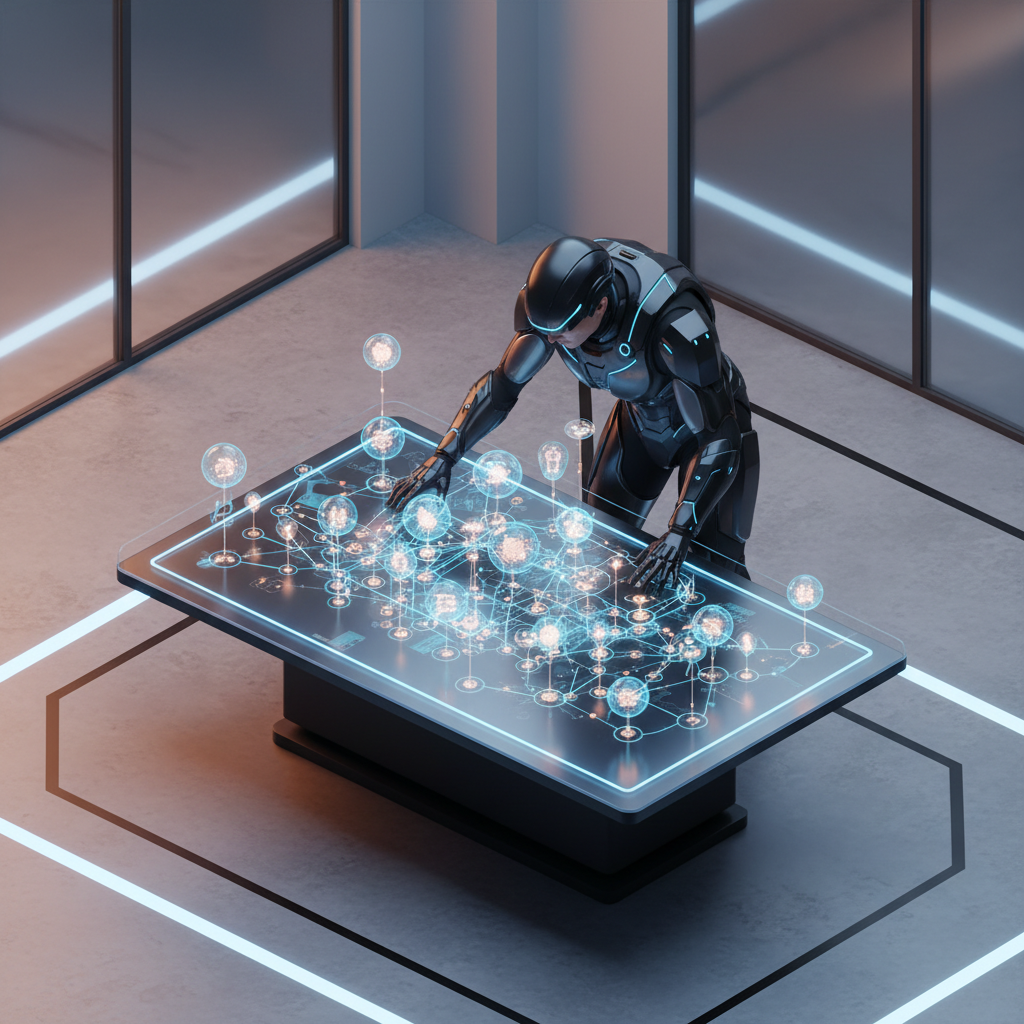 신중하게 결정 내리는 사람의 실루엣과 AI 데이터 연결