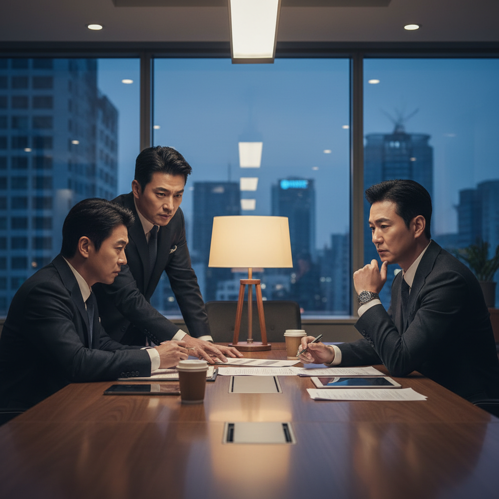 심각한 표정으로 회의하는 인물들