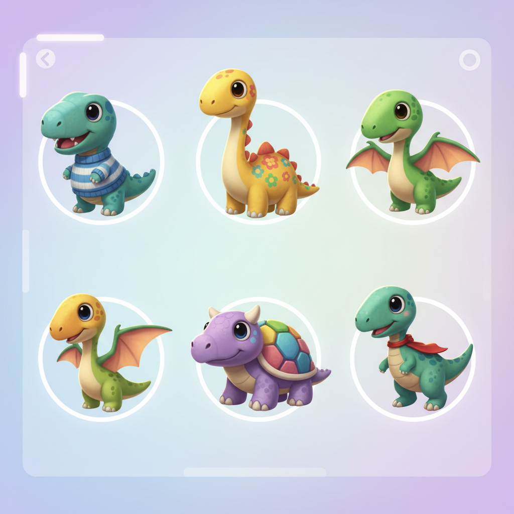아기자기하게 디자인된 공룡 캐릭터들의 도감 화면