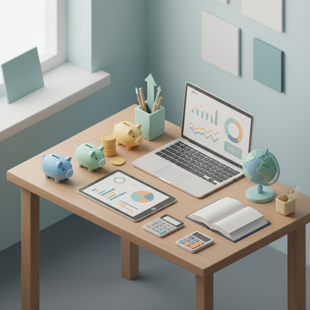안정적인 자산 관리를 상징하는 정돈된 책상 위의 도구들