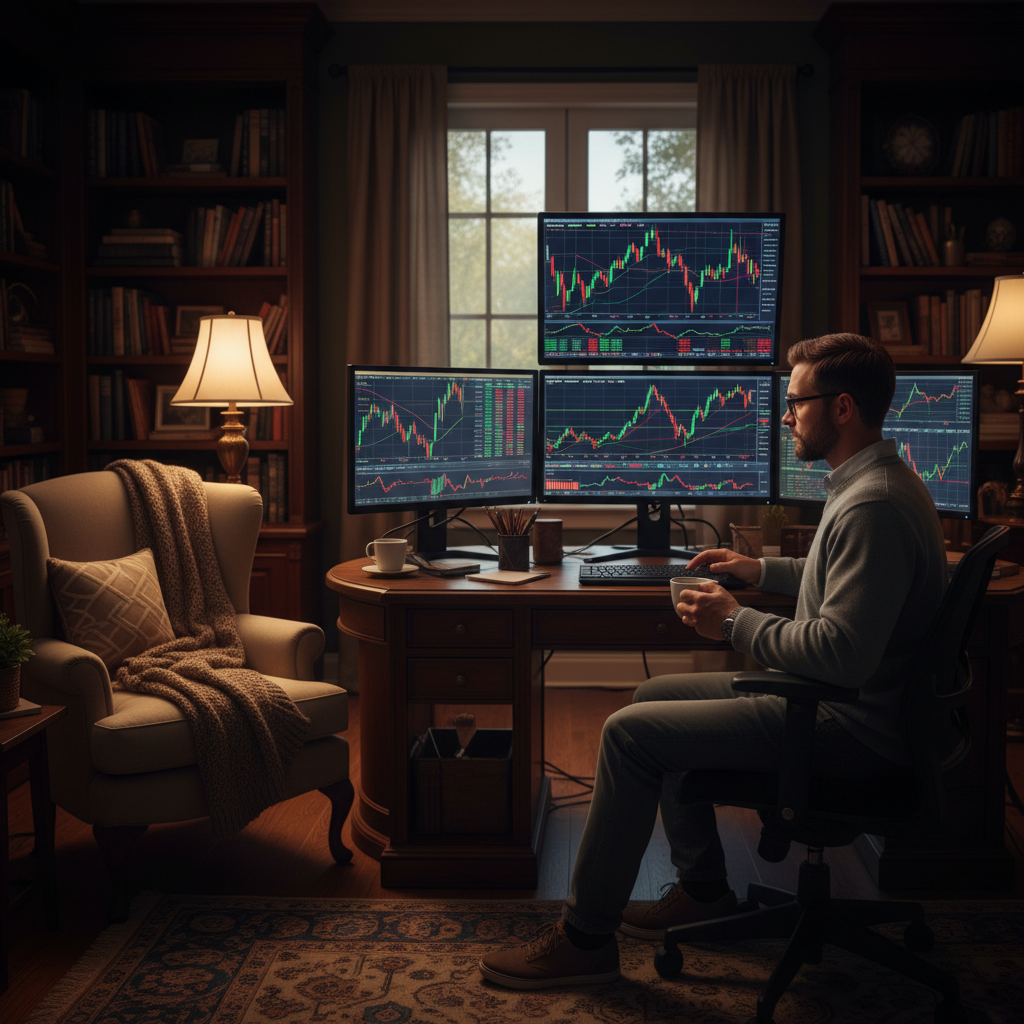 야간 선물 거래를 위해 모니터를 살피는 모습