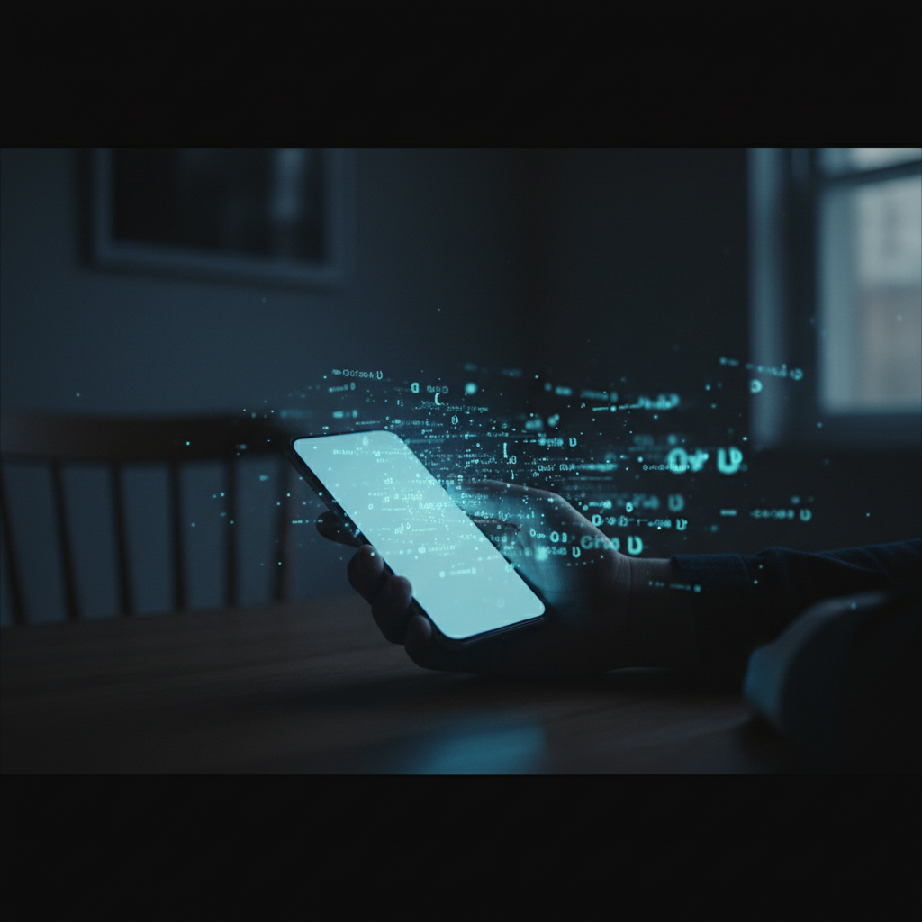 어두운 배경 속에서 빛나는 스마트폰 화면과 그 주위의 디지털 데이터 기호들