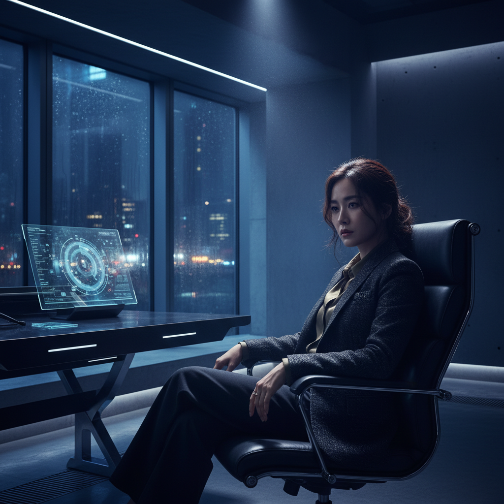 어두운 조명 아래 고뇌하는 주인공의 모습