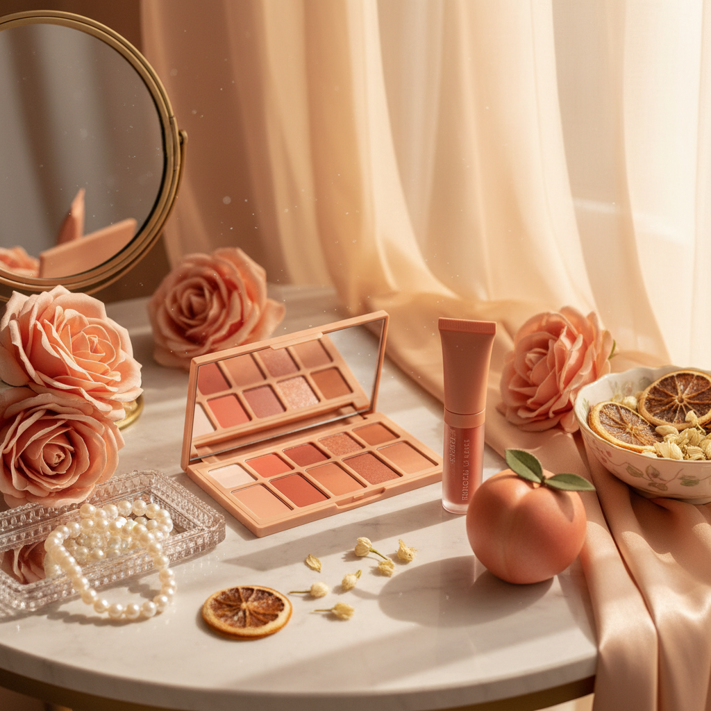 여러 메이크업 제품과 함께 놓인 피치컵케익