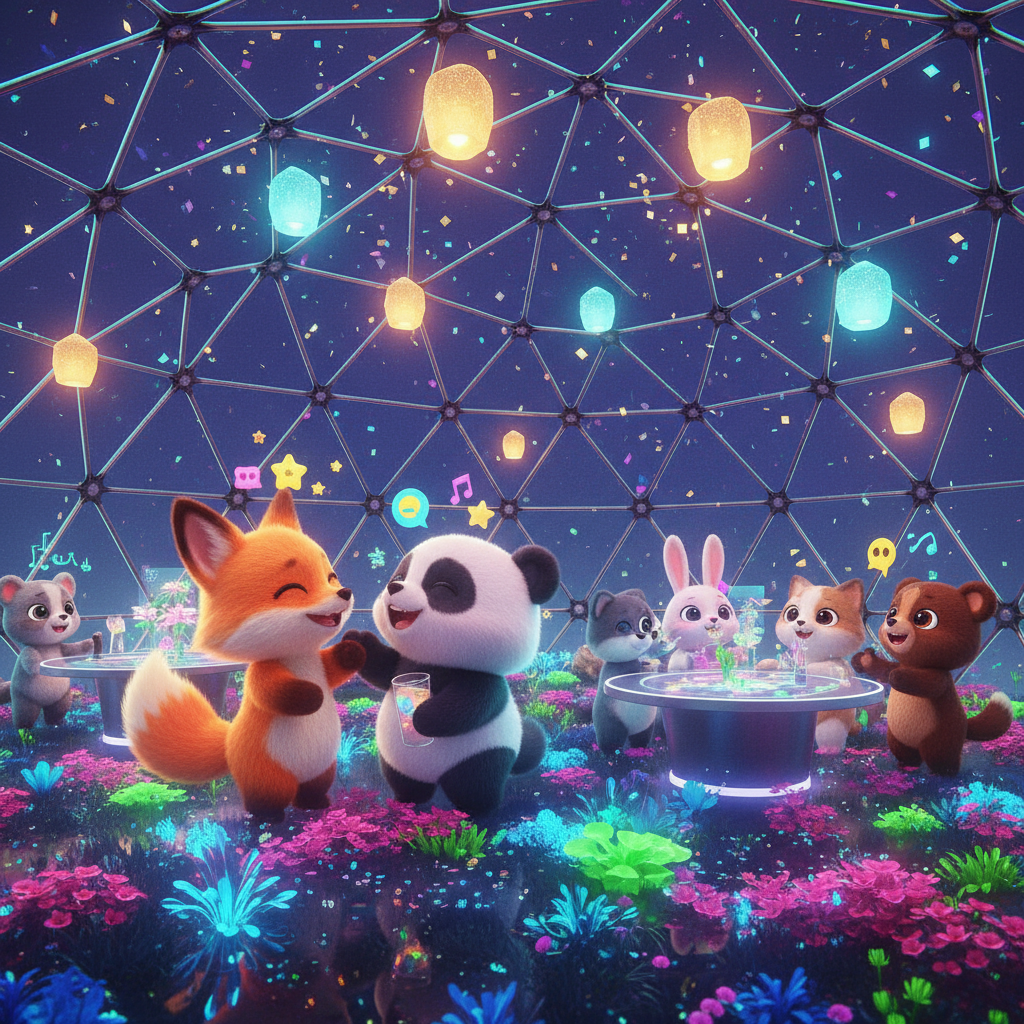 여러 아바타가 모여 광장에서 파티를 즐기는 생동감 넘치는 장면