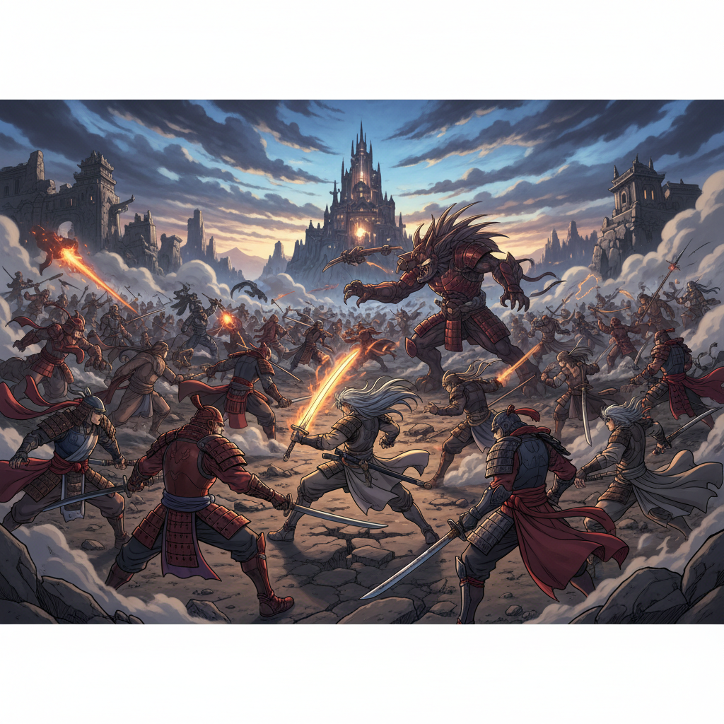 역동적인 전투 장면을 묘사한 만화적 느낌의 이미지