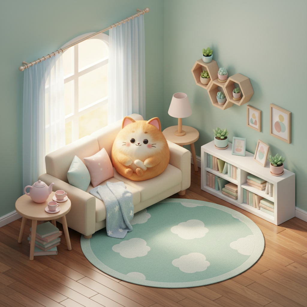 예쁘게 꾸며진 아바타가 나만의 방 안에서 차를 마시는 모습