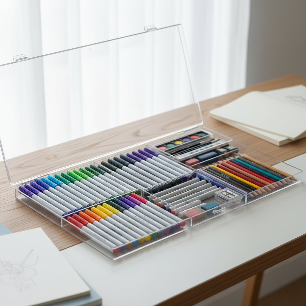 예쁘게 정리된 미술 도구함 속의 싸인펜들