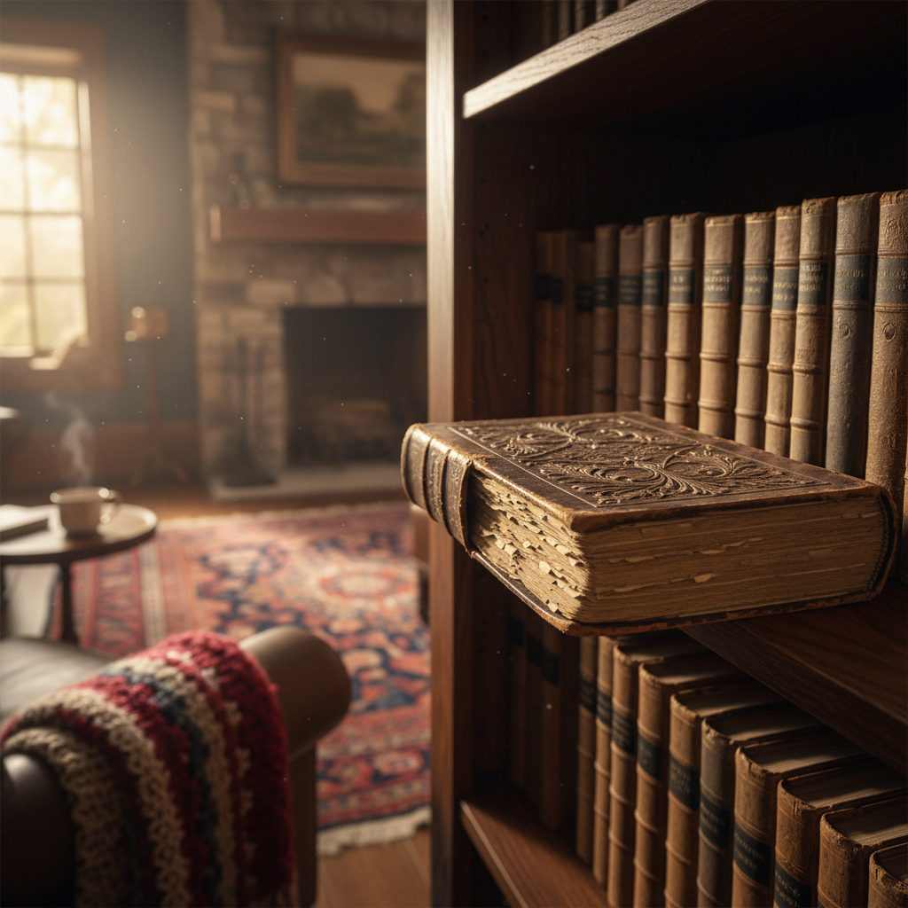 오래된 서재에 꽂힌 낡은 책 한 권과 따뜻한 조명
