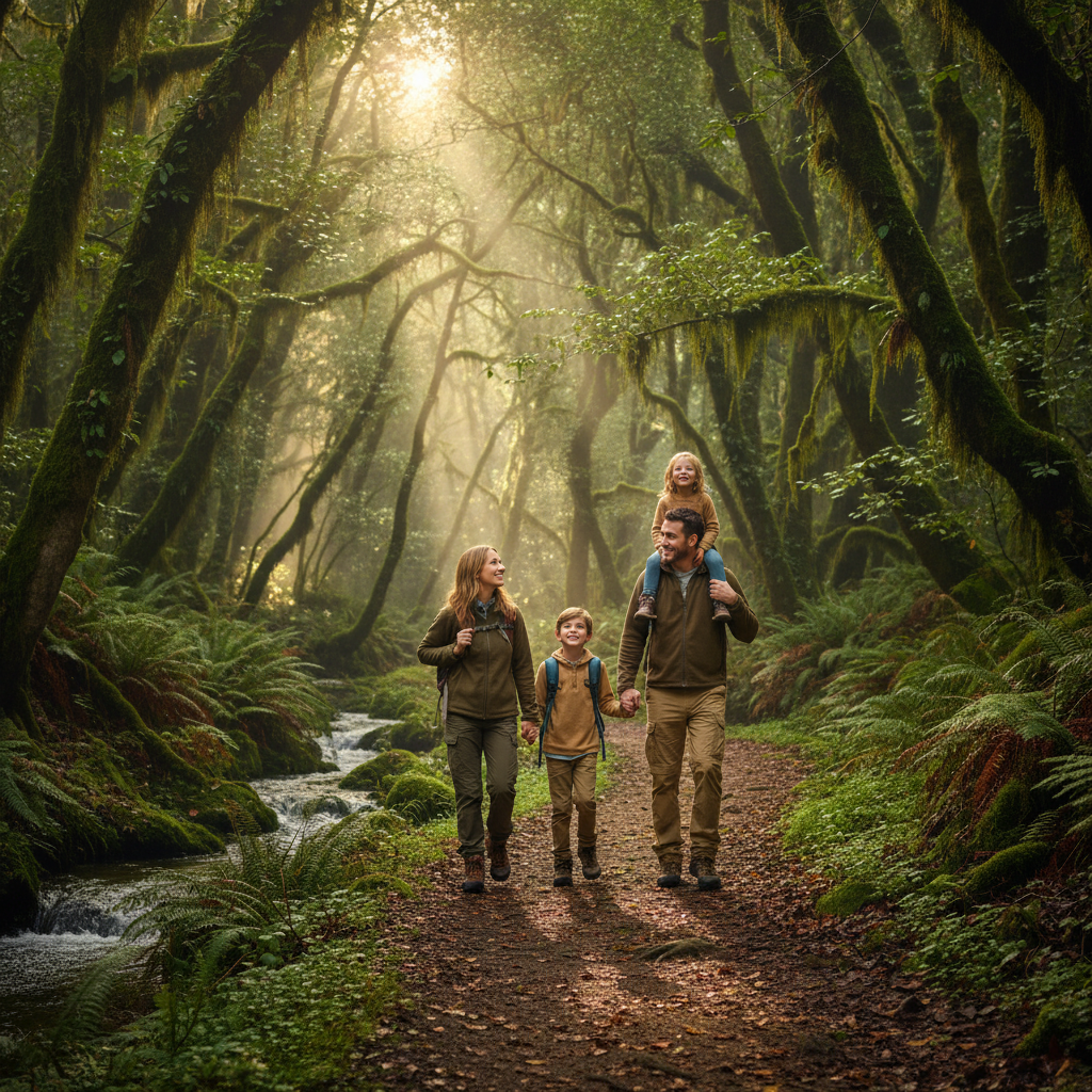 울창한 숲길을 걷는 가족의 모습