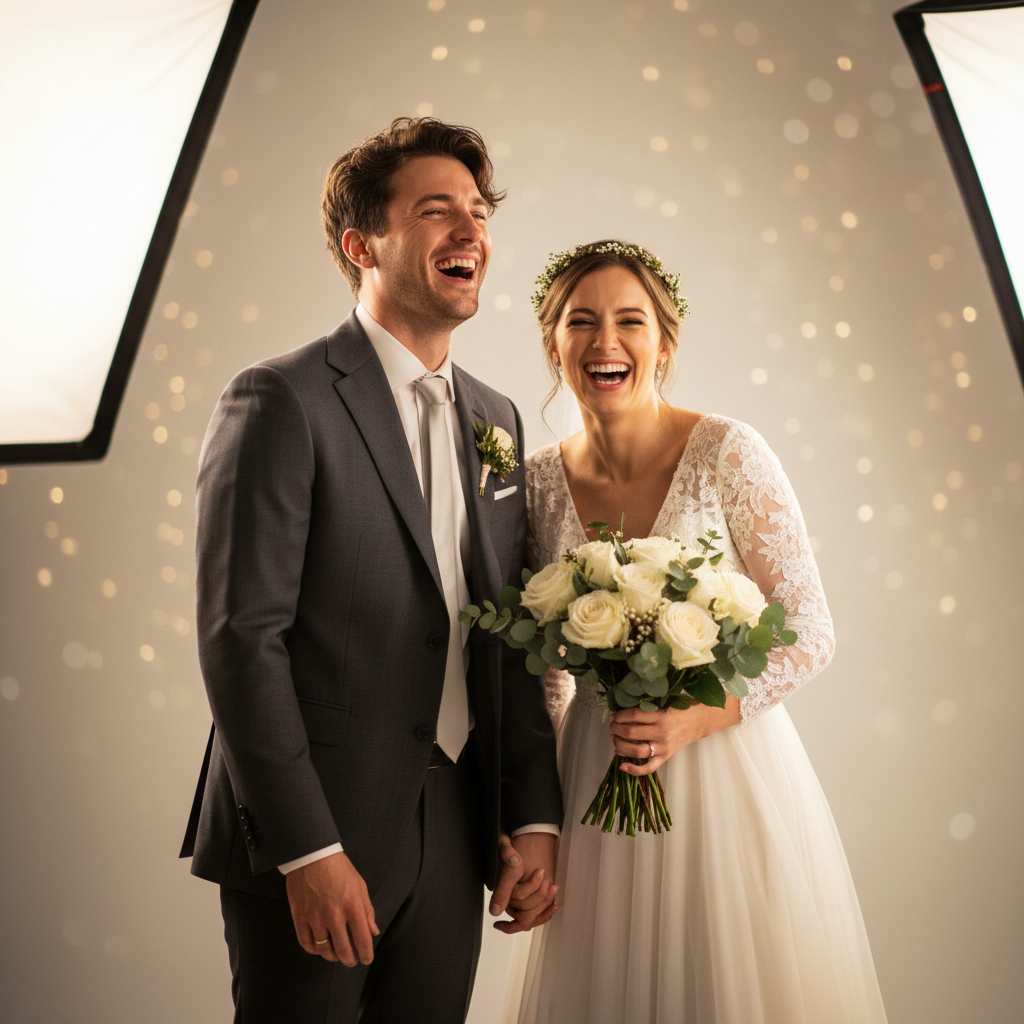 웃고 있는 신랑 신부의 자연스러운 웨딩 사진