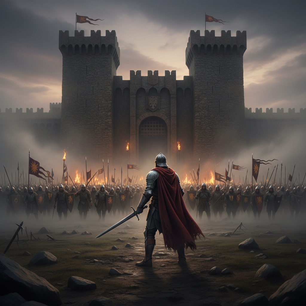 웅장한 성문 앞에서 군대와 대치하고 있는 주인공의 모습