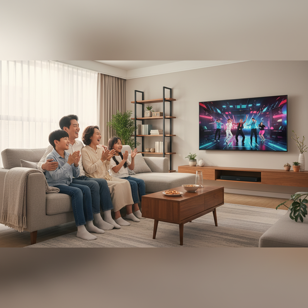 음악 방송을 시청하며 즐거워하는 가족