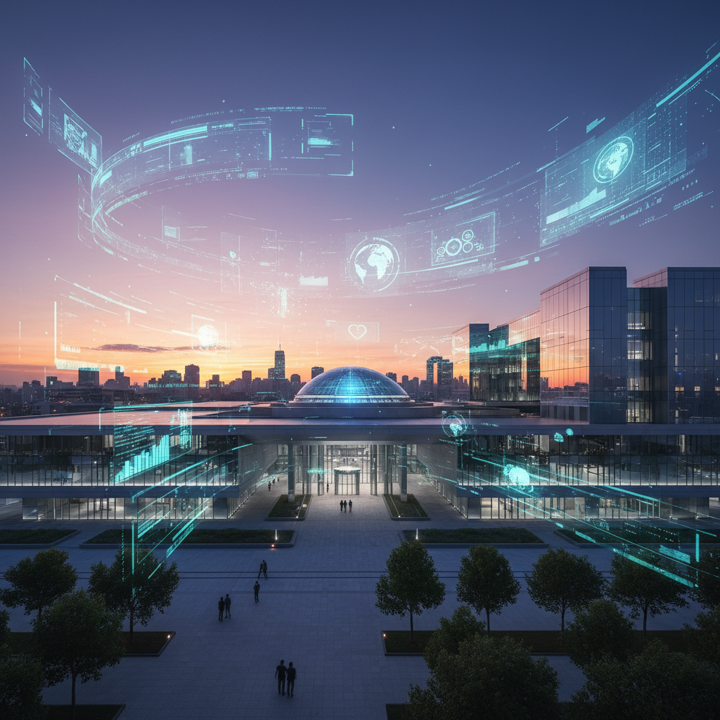 의회 건물 앞에 서 있는 현대적인 스마트폰과 데이터 아이콘