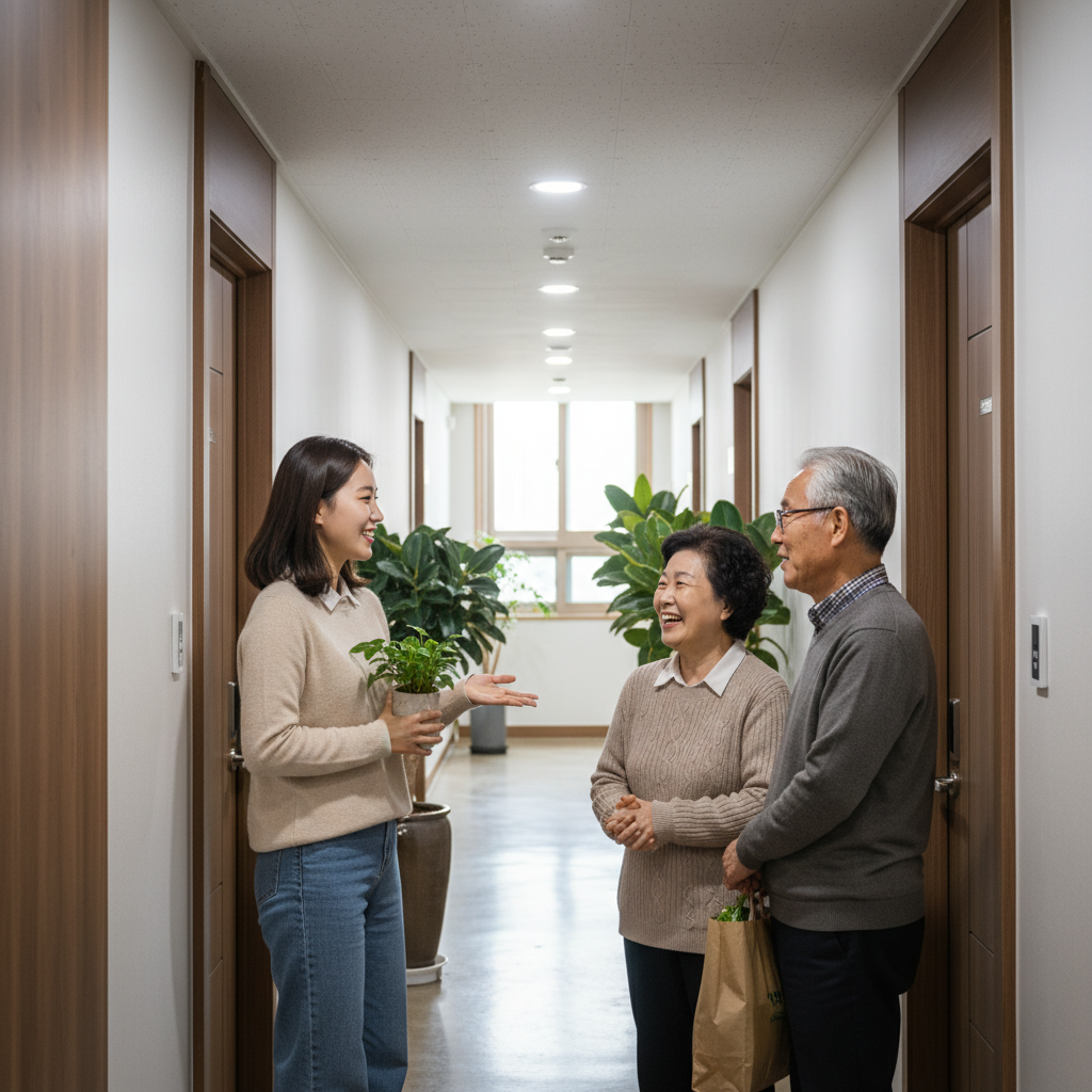 이웃들이 서로 이야기를 나누며 주변을 살피는 따뜻한 마을 풍경